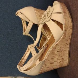 Beige Fabric High Wedges